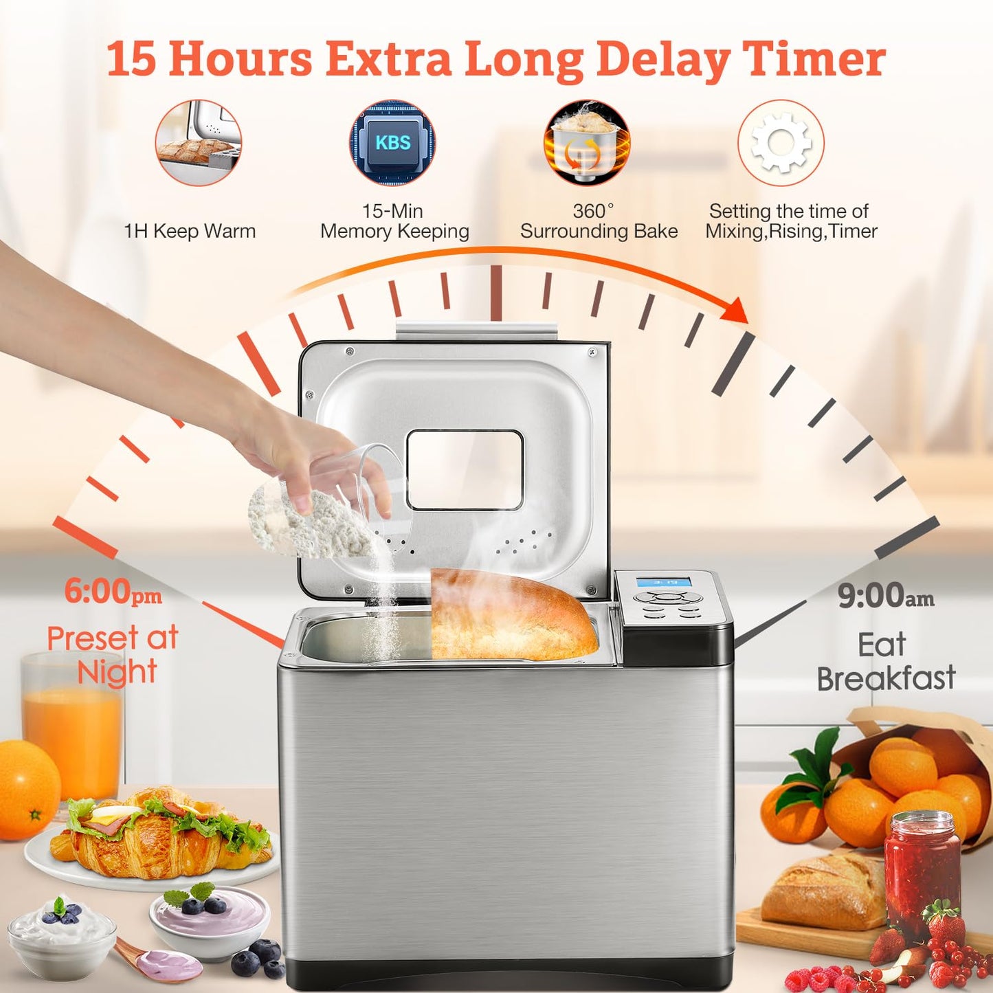 KBS 2LB Bread Maker, 19-in-1 Automatic Bread Machine Stainless Steel with Ceramic Pan,15H Timer&1H Keep Warm, Sourdough, Gluten-Free, 650W Bread Maker Machine with 3 Loaf Sizes 3 Crust Colors, Recipes