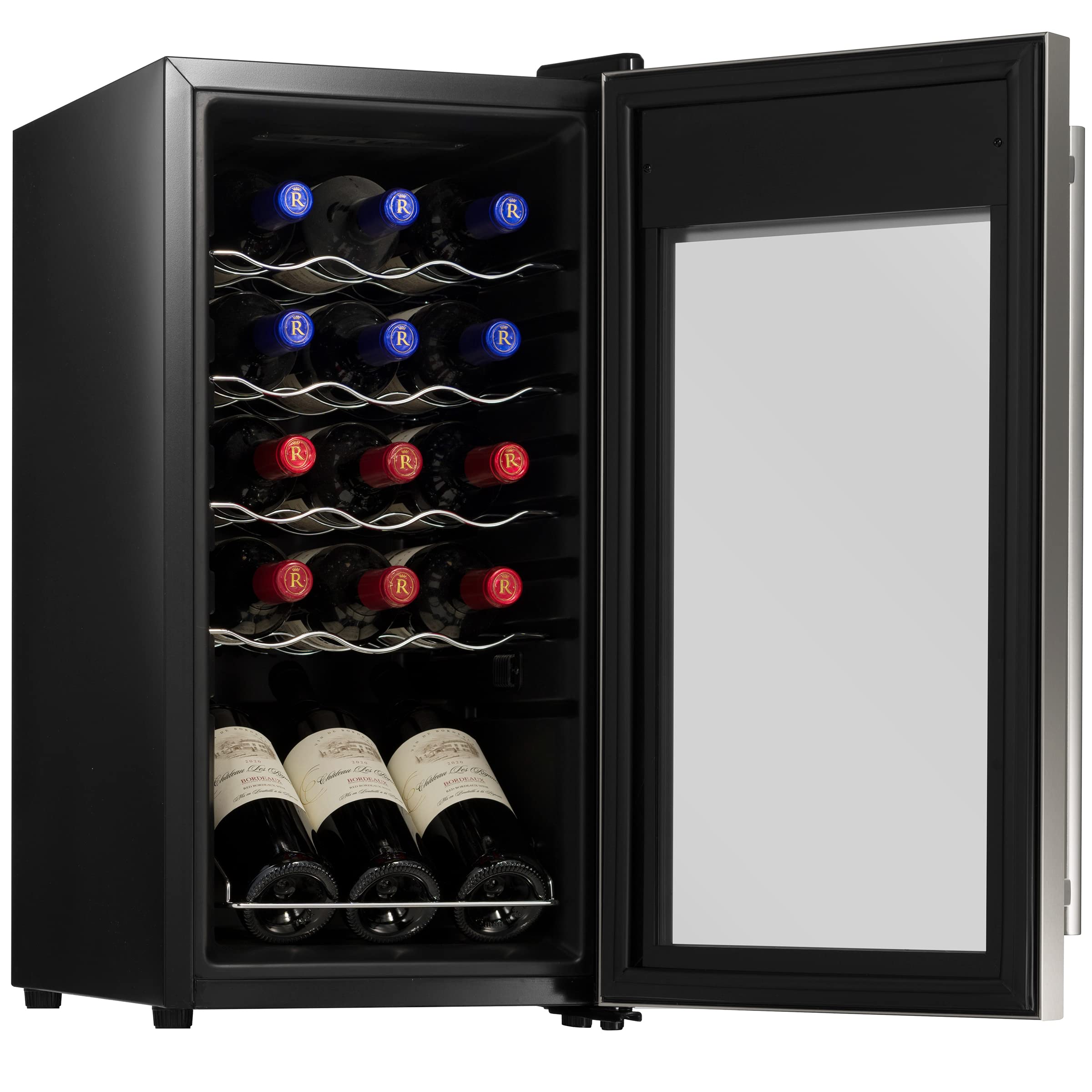 nutrichef 15 Bottle Fridge | Red and White Chiller | Adjustable Temp Control 41°F to 64°F | Ultra Quiet Operation | Mini Wine Cooler Built for Home, Office, Kitchen Counter, 27x13x17, Stainless Steel