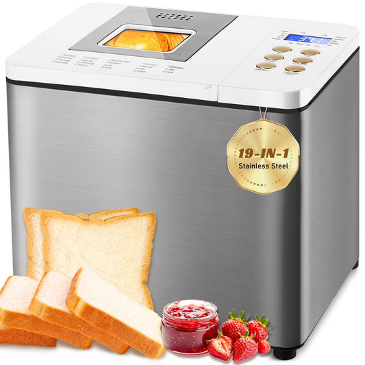 19-in-1 Smart Dual Heaters Bread Maker With Heat-Conductive Nonstick Ceramic Pan, Quiet Bread Machine with 15H Timer & 1H Keep Warm, Stainless Steel BreadMaker with French, Gluten-Free,Sourdough