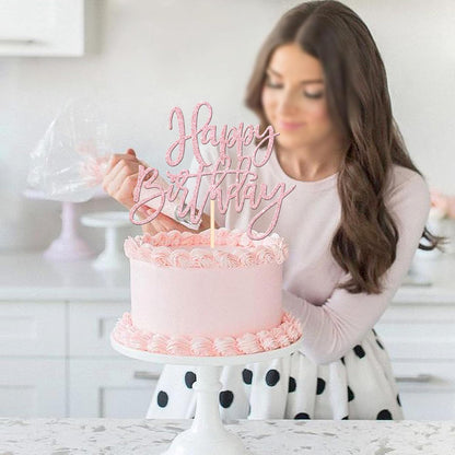 1 PCS Happy Birthday Cake Topper Glitter Cake Pick for Celebrating Anniversary Theme Party Cake Decorations Supplies Light Pink
