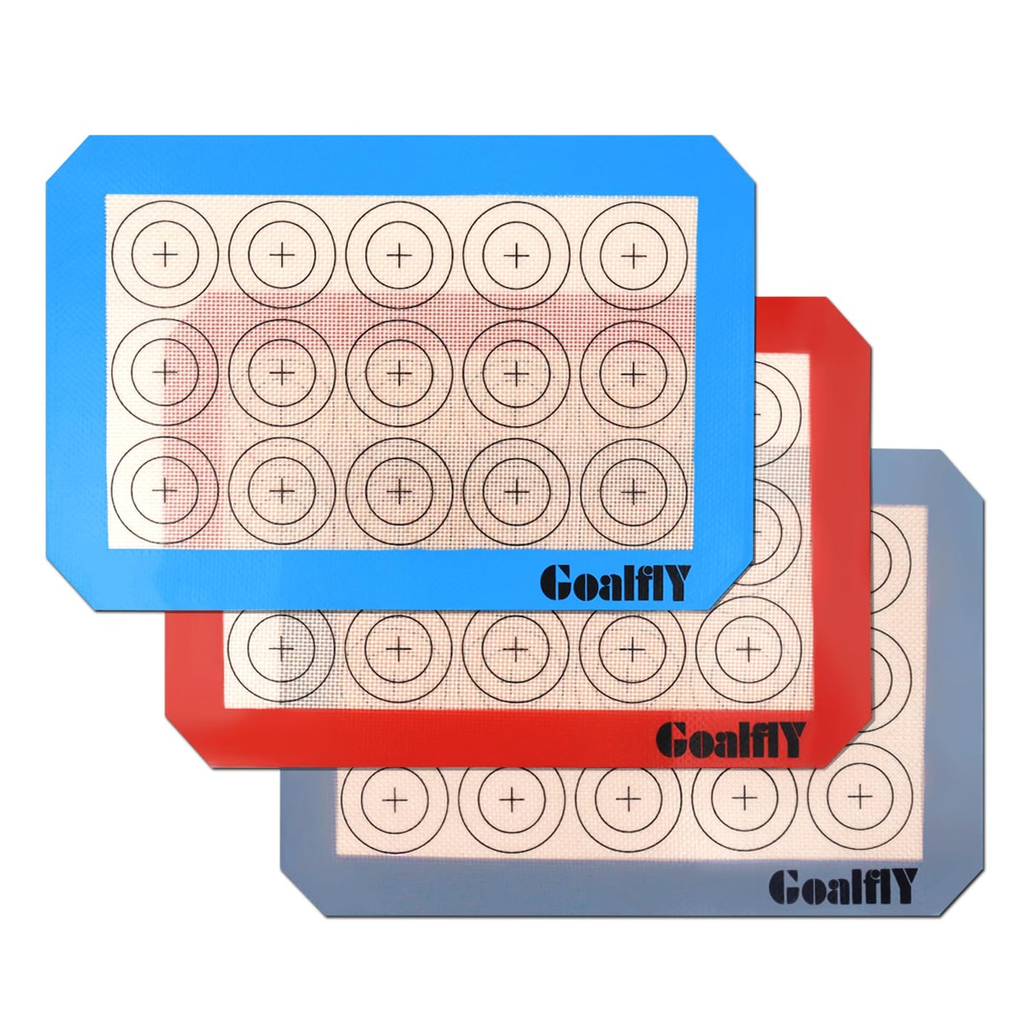 Small Silicone Baking Mat Sheet (11.8 x 8.5 IN), 3 Pieces Baking Mat Set, Reusable Silicone Mat for Oven, Toaster, Baking Tray, Baking Pan (Red, Blue, Grey)