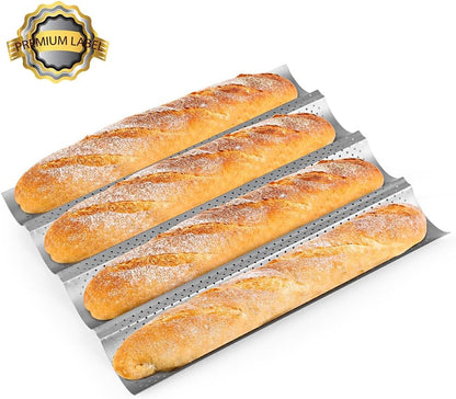 AMAGABELI GARDEN & HOME Baguette Bread Pan 15" x 13" Nonstick Perforated Baguette Tray French Bread Baking 4 Wave Loaf Bake Mold Toast Cooking Baker Molding Gutter Oven Toaster Dishwasher Safe Silver