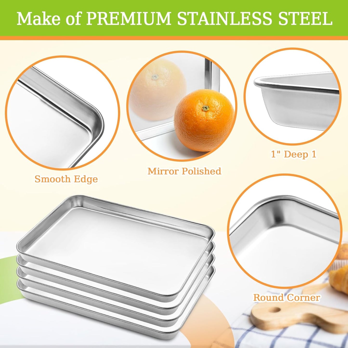 Quarter Sheet Pan Set of 4, CEKEE Stainless Steel Baking Sheet & Cookie Sheets for Baking, Baking Sheet Pan Oven Tray, Heavy Duty & Easy Clean Baking Pans Set - Size 12 x 10 x 0.98 Inch