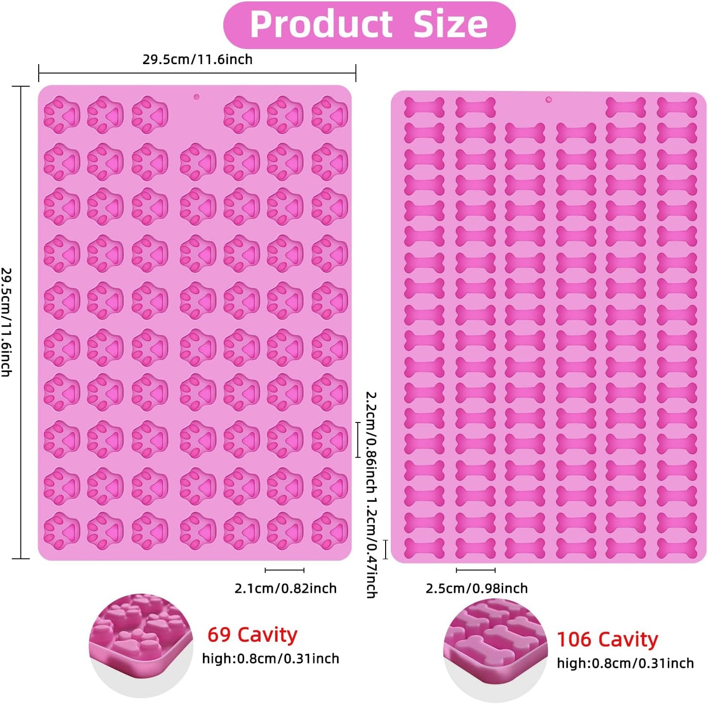 2 PCS Mini Silicone Molds, 106 Cavity Dog Bone + 69 Cavity Paw Mold for Baking Biscuits, Cookies, Candy, Chocolate, Jelly Pet Dog Treats