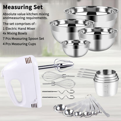 WEPSEN Hand Mixer Electric Mixing Bowls Set, 5 Speeds Handheld Mixer with 4 Nesting Stainless Steel Mixing Bowl, Measuring Cups Spoons 200W Kitchen Blender Whisk Beater Baking Supplies For Beginner