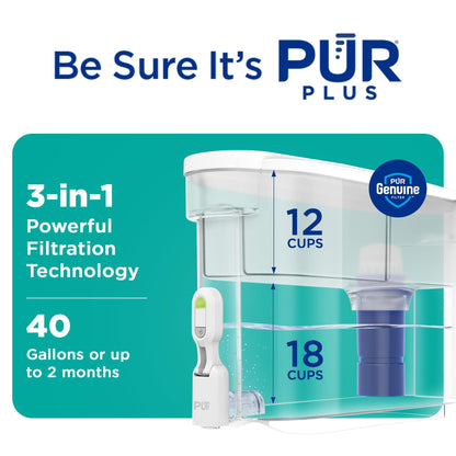 PUR PLUS 30-Cup Water Filter Dispenser with 1 Lead-Reducing PUR PLUS Filter, Dishwasher Safe, Powerful Filtration, Large Capacity with Slim, Space-Saving Design, White (DS1811Z)