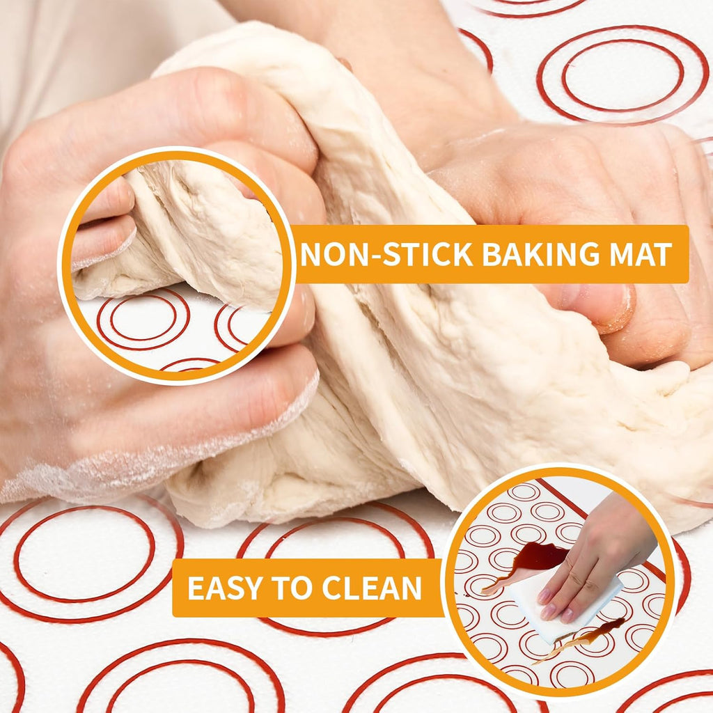 Rolling-Pin-Silicone-Baking-Mats-Set, Nonstick Dough Rolling Pastry Mat for Cookie Macaroon Pie Crust Pizza, Heat-resistant Silicone Baking Sheets for Oven, Silicon Macaroons Baking Mats