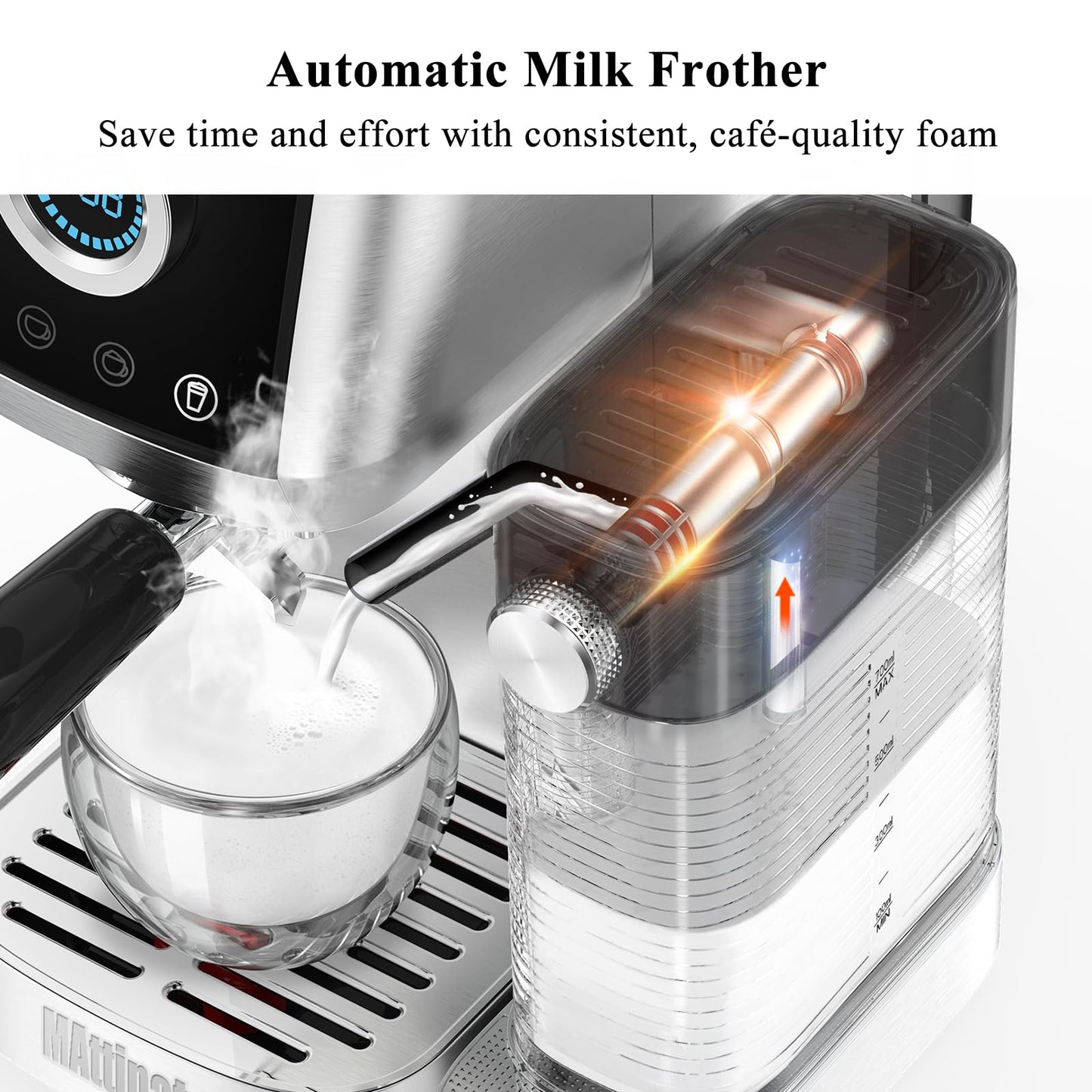 MAttinata Espresso Machine 20 Bar, Cappuccino Machine with Automatic Milk Frother, Coffee Maker with Touchscreen, Latte Machine for Home Present, Stainless Steel Style