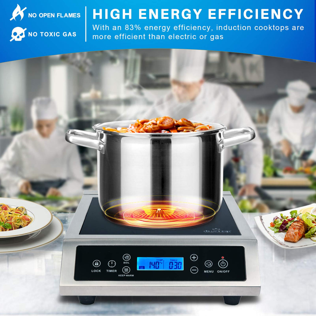Duxtop Professional przenośna kuchenka indukcyjna, palnik do użytku komercyjnego, palnik indukcyjny o mocy 1800 W z czujnikiem dotykowym i ekranem LCD, P961LS/BT-C35-D, srebrny/czarny