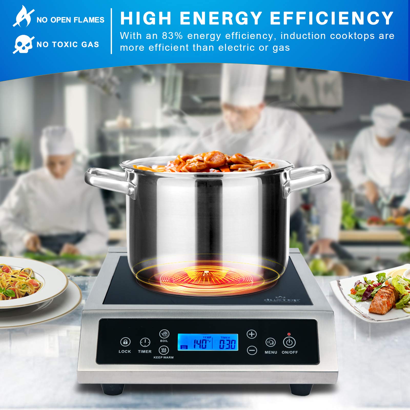 Duxtop Professional przenośna kuchenka indukcyjna, palnik do użytku komercyjnego, palnik indukcyjny o mocy 1800 W z czujnikiem dotykowym i ekranem LCD, P961LS/BT-C35-D, srebrny/czarny