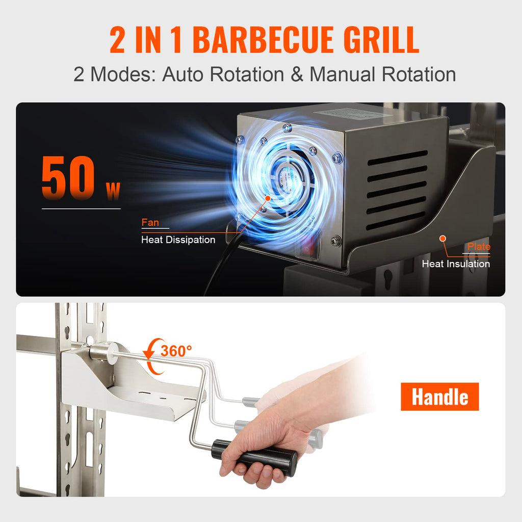 VEVOR Grill rożenowy ze stali nierdzewnej z osłoną przeciwwietrzną, grill węglowy na rożnie do grillowania całej świni, jagnięciny i kozy, silnik elektryczny 50 W, rożen do grillowania wieprzowiny, 46 cali, pojemność 132 funtów