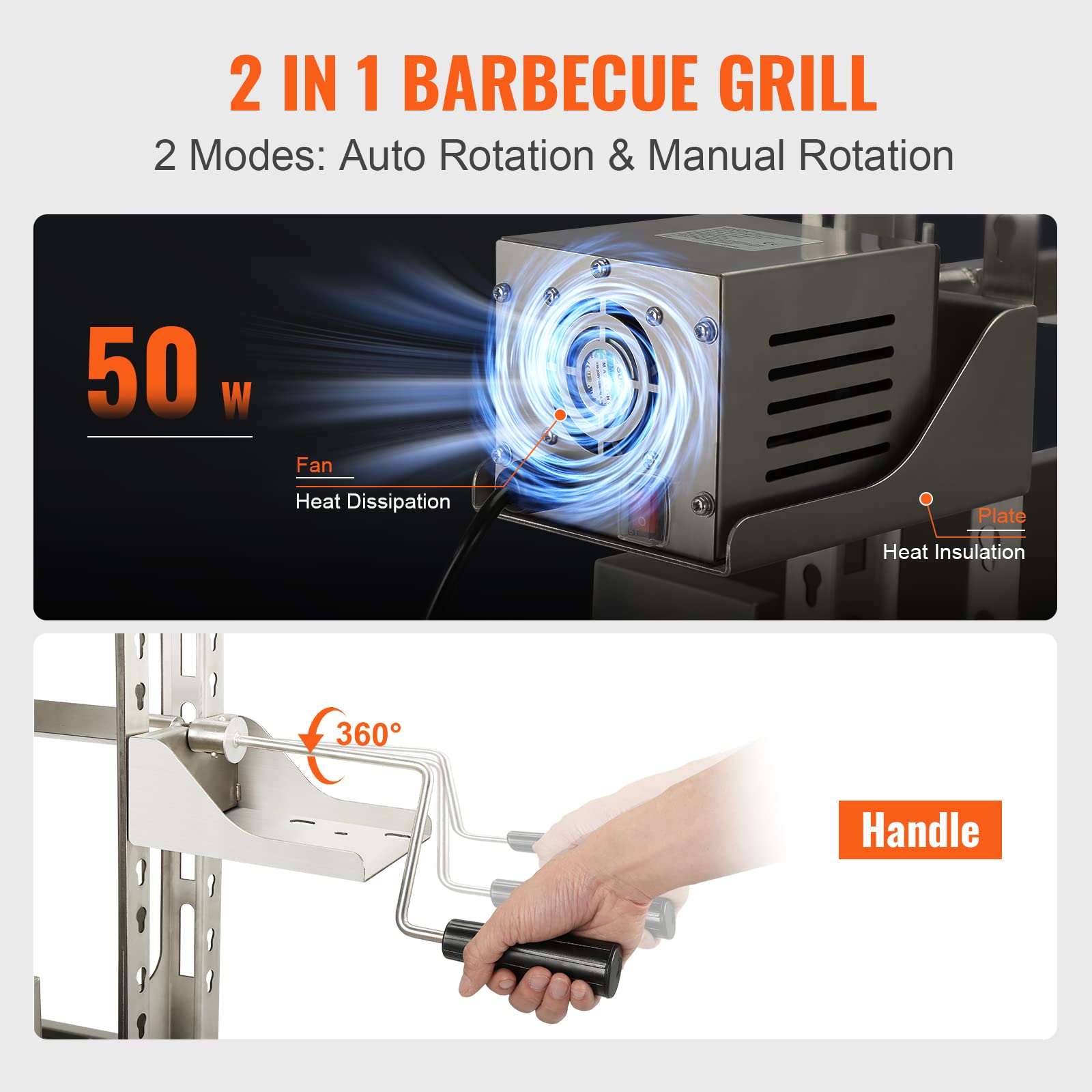 VEVOR Grill rożenowy ze stali nierdzewnej z osłoną przeciwwietrzną, grill węglowy na rożnie do grillowania całej świni, jagnięciny i kozy, silnik elektryczny 50 W, rożen do grillowania wieprzowiny, 46 cali, pojemność 132 funtów