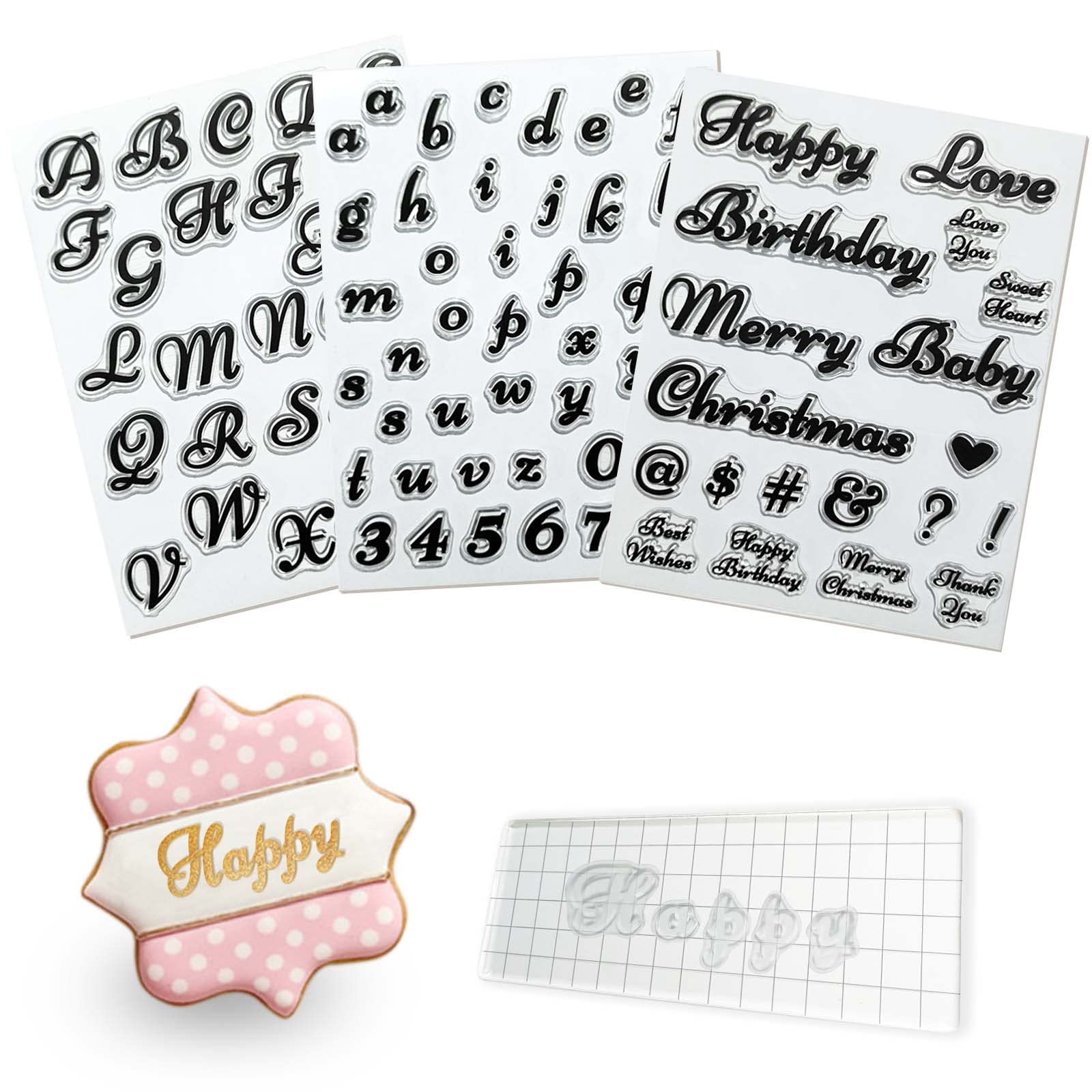 4PCS Alphabet Cake Stamps Tool with Brushes for Fondant Cookie Biscuit, Pretty Handwriting Food Grade Fondant Letter Stamp Uppercase Lowercase Numbers Words Reusable Cookie Stamp for Christmas Party