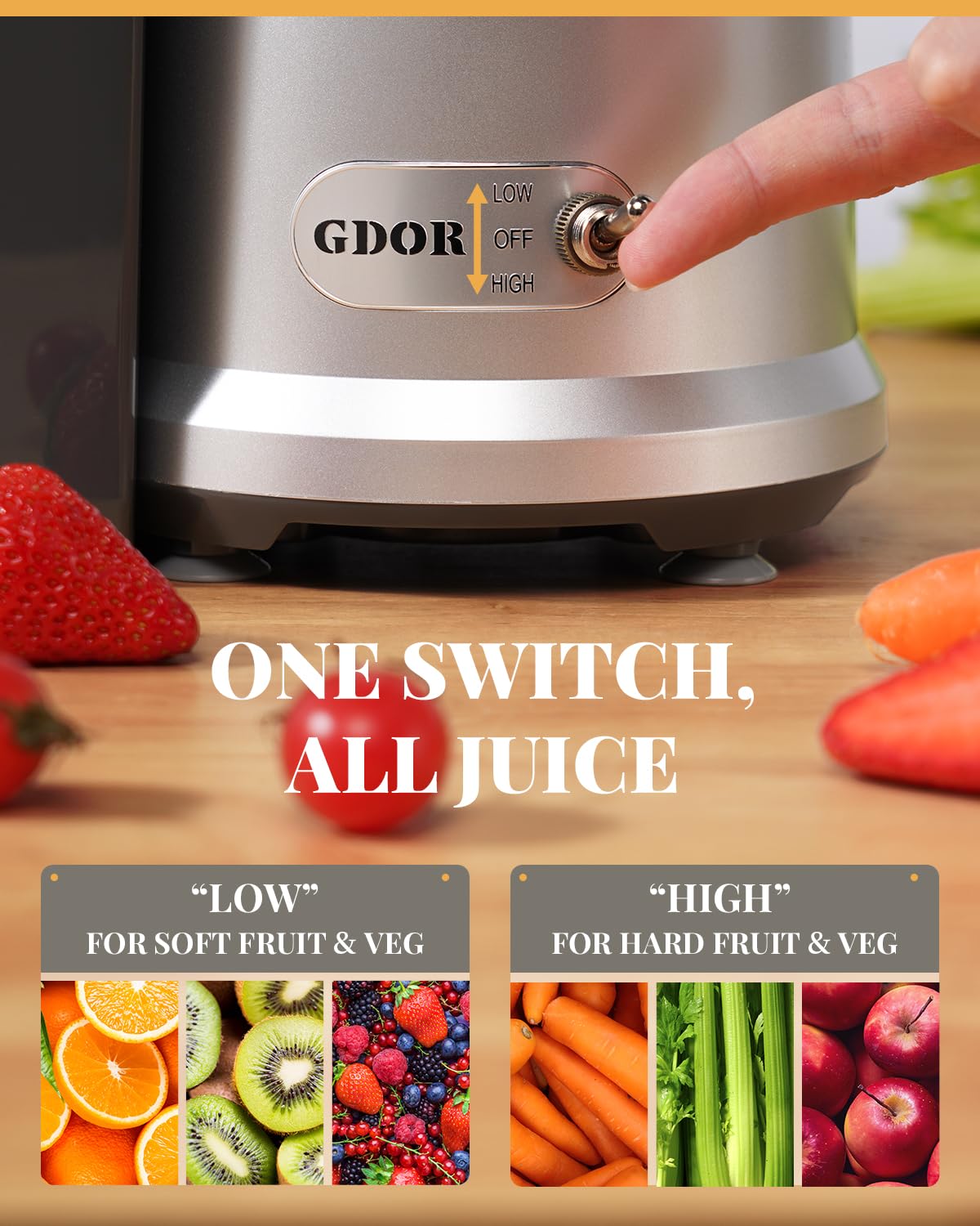 GDOR 1200W Juicer with Larger 3.2" Feed Chute, Titanium Enhanced Cutting System, Centrifugal Juice Extractor Maker with Heavy Duty Full Copper Motor, Dual Speeds, BPA-Free, Silver