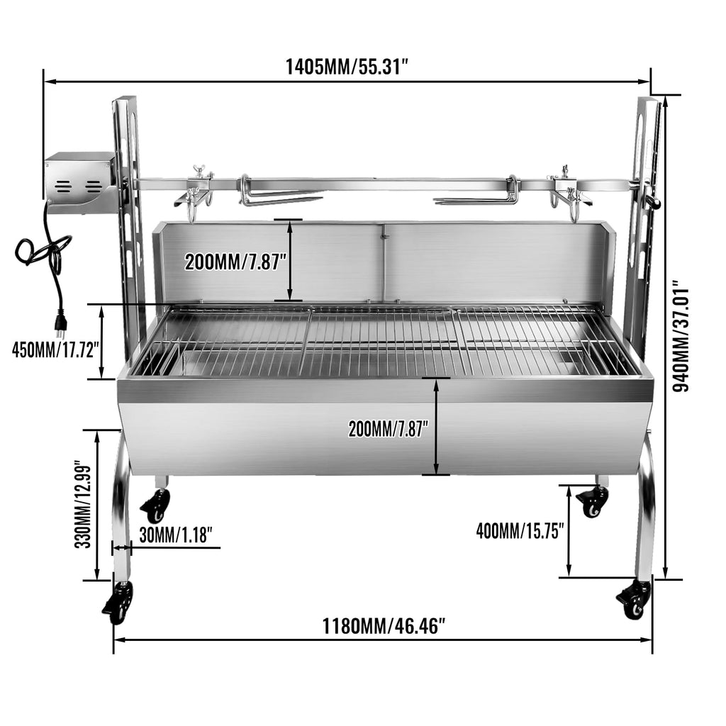 OUKIDR 176 фунтів гриль-вертушка з нержавіючої сталі із задньою кришкою, двигун 25 Вт для маленької свині-баранячої свині-вертушки, гриль-вертушка з вугіллям для барбекю 48,7 дюймів для кемпінгу на відкритому повітрі