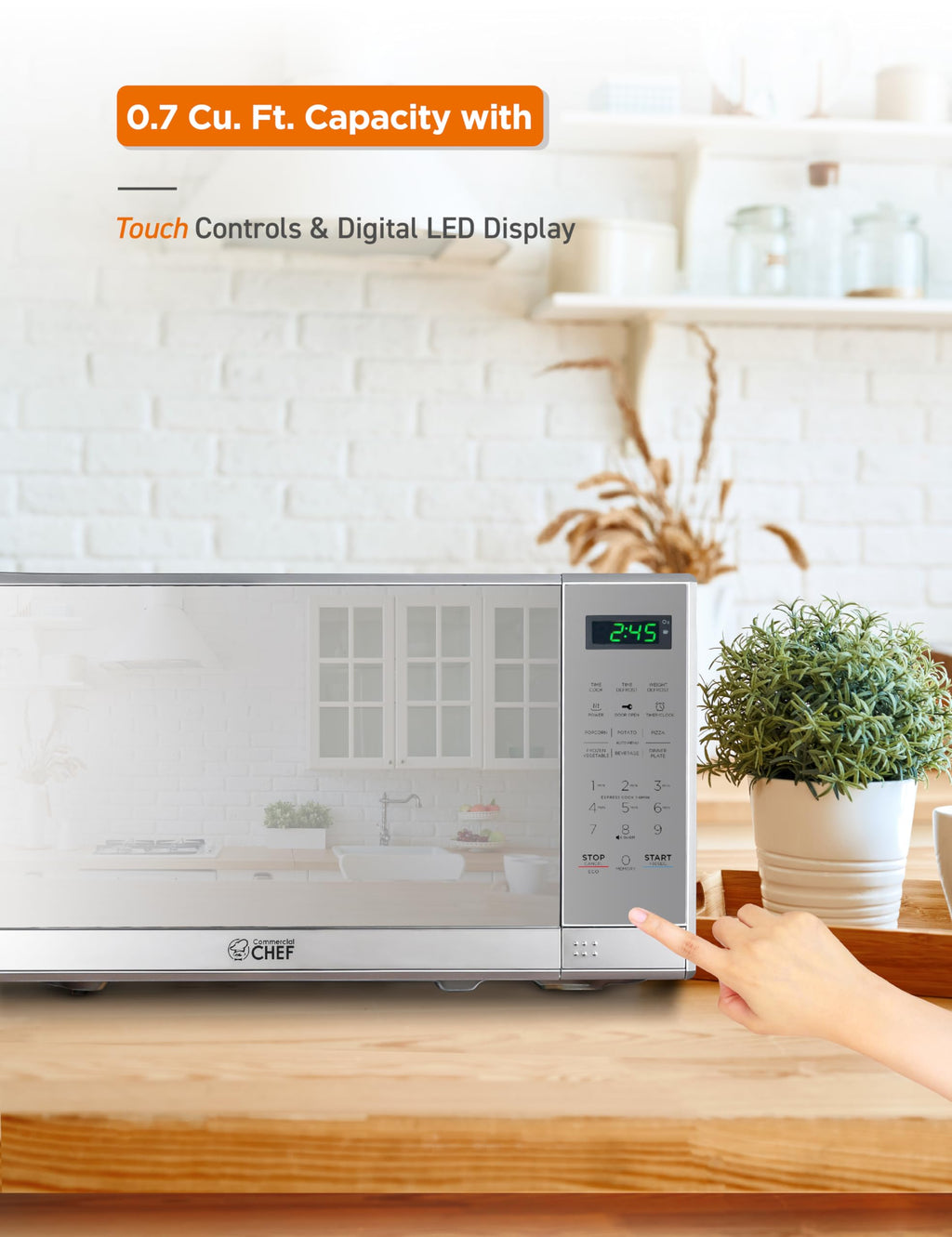 COMMERCIAL CHEF 0.7 Cu Ft Microwave with 10 Power Levels, 700W Microwave with Digital Display, Countertop Microwave with Child Safety Door Lock, Programmable with Push Button, Stainless Steel