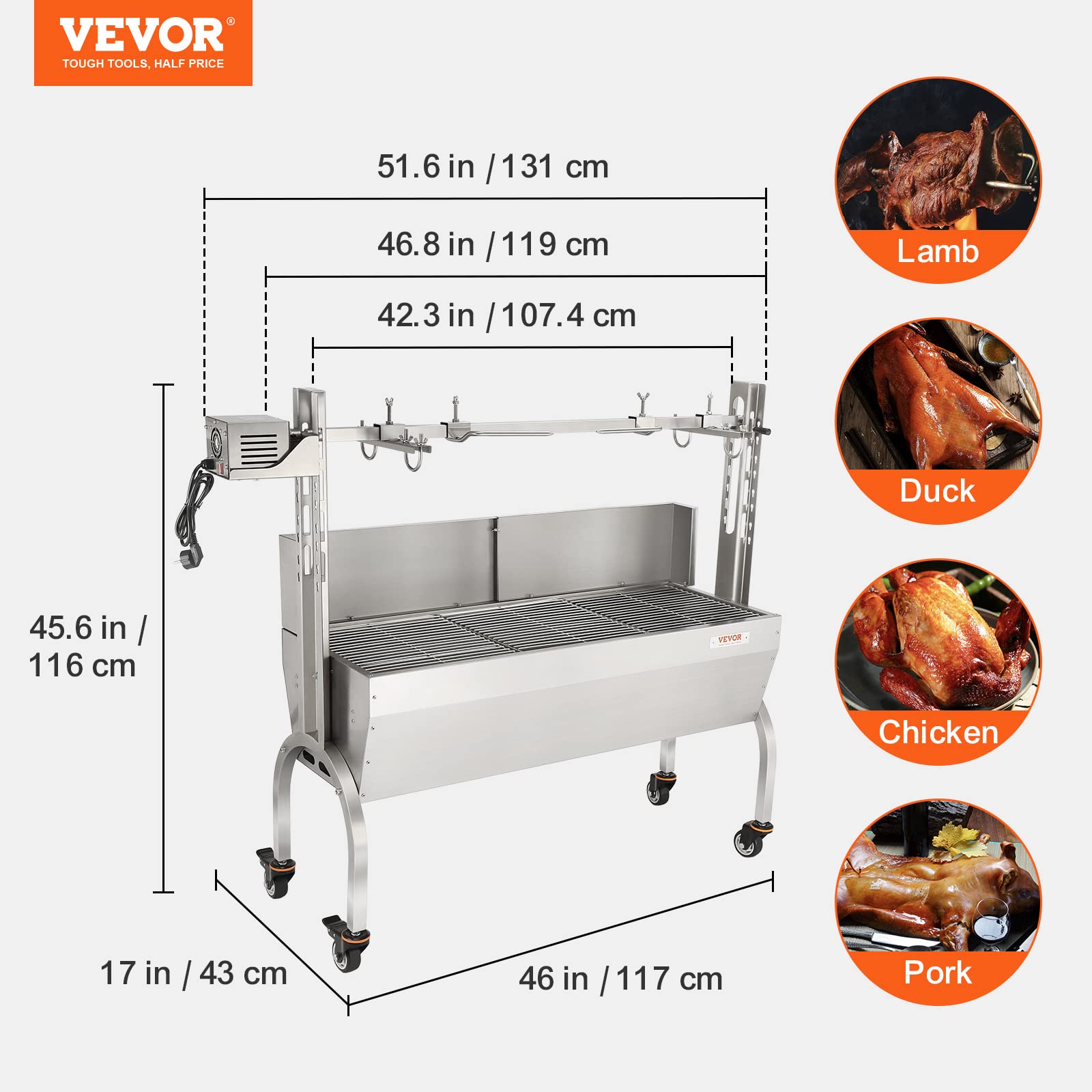 VEVOR Grill rożenowy ze stali nierdzewnej z osłoną przeciwwietrzną, grill węglowy na rożnie do grillowania całej świni, jagnięciny i kozy, silnik elektryczny 50 W, rożen do grillowania wieprzowiny, 46 cali, pojemność 132 funtów