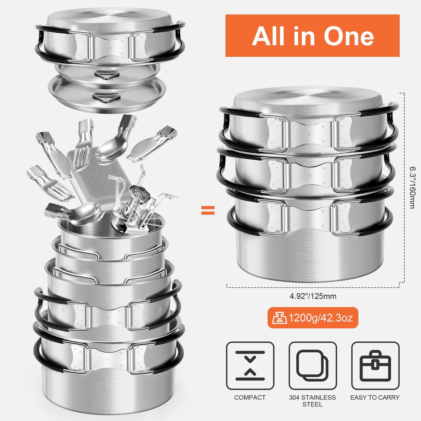 Odoland 13pcs Stainless Steel Camping Cookware Camping Pots and Pan Set with Portable Camping Stove Camping Mess Kit with Cups Forks Knives Spoons for Hiking Backpacking and Picnic