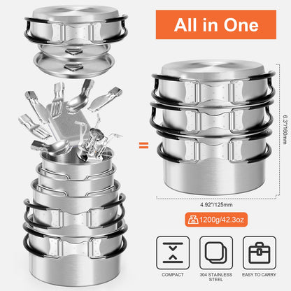 Odoland 13pcs Stainless Steel Camping Cookware Camping Pots and Pan Set with Portable Camping Stove Camping Mess Kit with Cups Forks Knives Spoons for Hiking Backpacking and Picnic