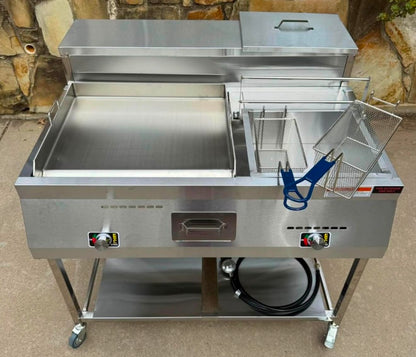 Gas Shark Deep Fryer and Griddle Cart | 20" Griddle | 30 lb 3.5 Gallon Single Tank Deep Fryer | 2 Fryer Baskets | Serving Shelf | Outdoor Propane | Stainless Steel | Portable for Commercial & Home Use