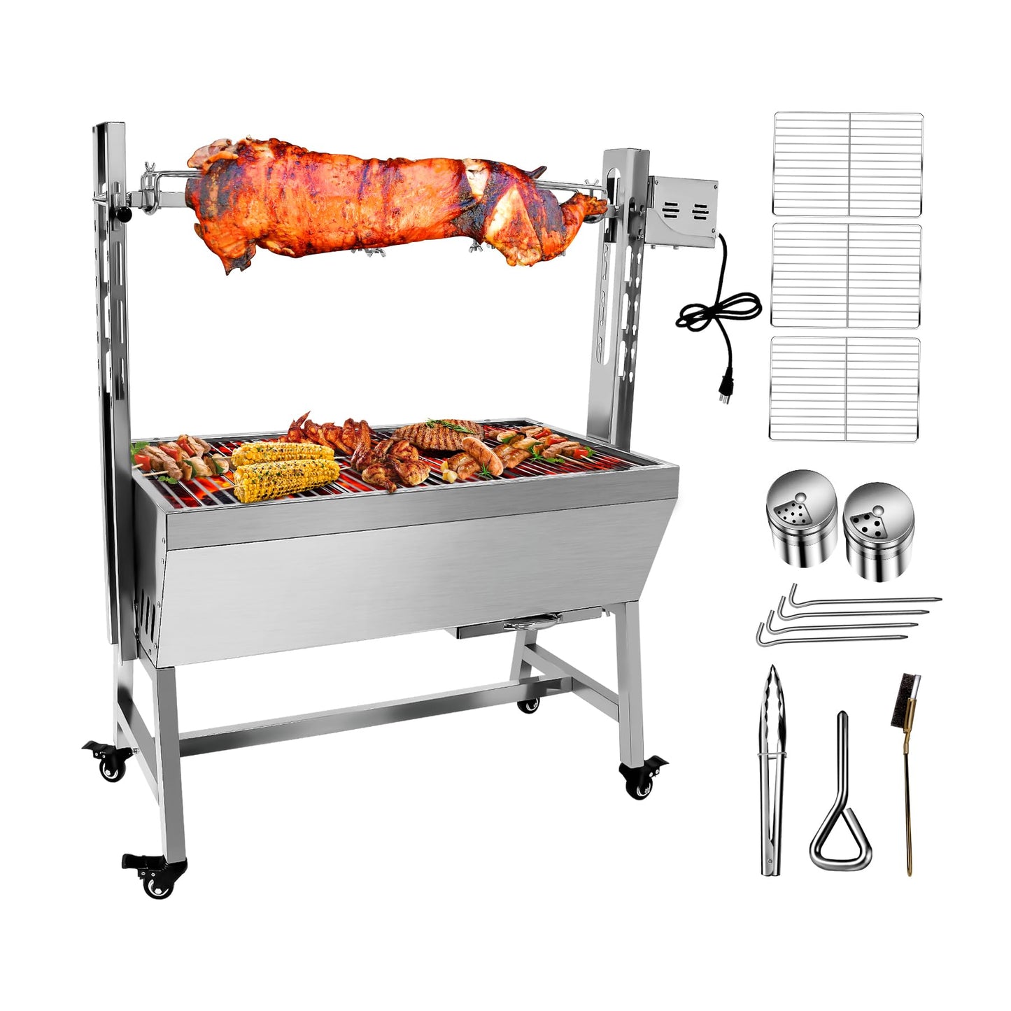 132 LBS Rotisserie Grill Stainless Steel Charcoal Spit Roaster, 37" Pig Lamb Hooded Roaster Charcoal Spit With 25W Motor & Adjustable Height Lockable Casters For Outdoor Party Barbecue