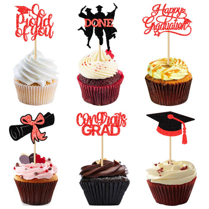 24 Pack 2025 Congrats Grad Cupcake Toppers Set, Glitter Graduation Cupcake Decor, Class of Cupcake Picks for Senior High School College Grad Party Decorations Supplies(Black with Gold) A