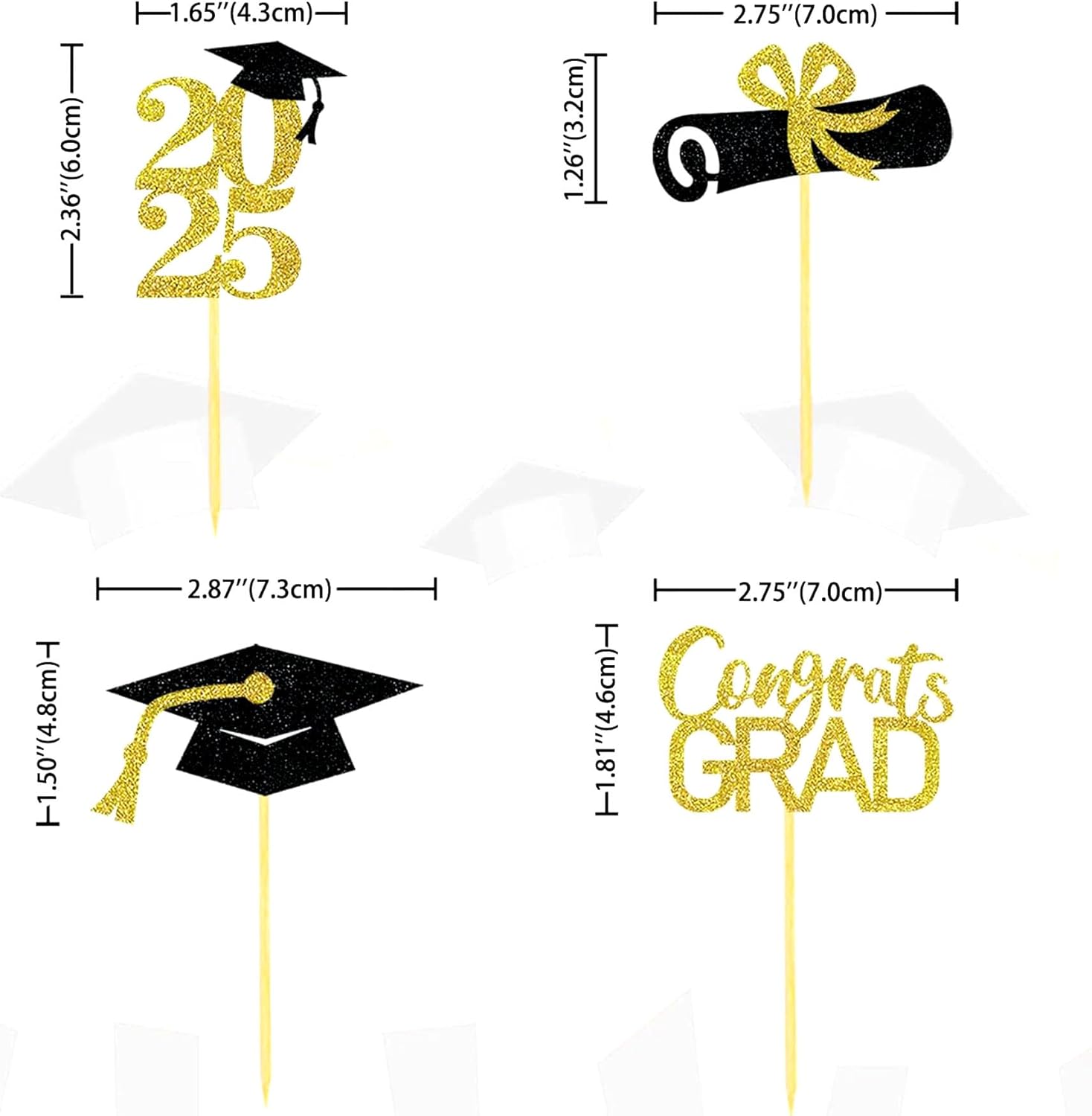 Graduation Cupcake Toppers Decorations Party Supplies, 24 PCS Food/Appetizer Picks For Class of 2025 Mini Cake Decorations, Diploma, Grad Cap Set 24 Pieces (Gold)