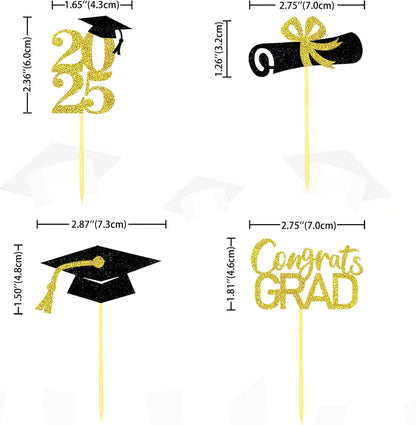 Graduation Cupcake Toppers Decorations Party Supplies, 24 PCS Food/Appetizer Picks For Class of 2025 Mini Cake Decorations, Diploma, Grad Cap Set 24 Pieces (Gold)