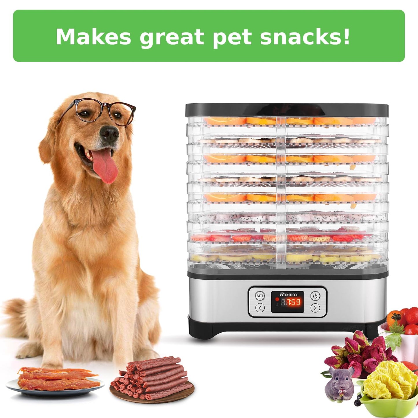 Homdox Food Dehydrator, 8 BPA-Free Trays Meat Dehydrator for Jerky with 72H Timer and Temperature Control, 400W Dehydrator for Food and Jerky, Fruit, Dog Treats, Herbs, Snacks, Fruit Roll Sheet