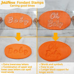 4PCS Alphabet Cake Stamps Tool with Brushes for Fondant Cookie Biscuit, Pretty Handwriting Food Grade Fondant Letter Stamp Uppercase Lowercase Numbers Words Reusable Cookie Stamp for Christmas Party