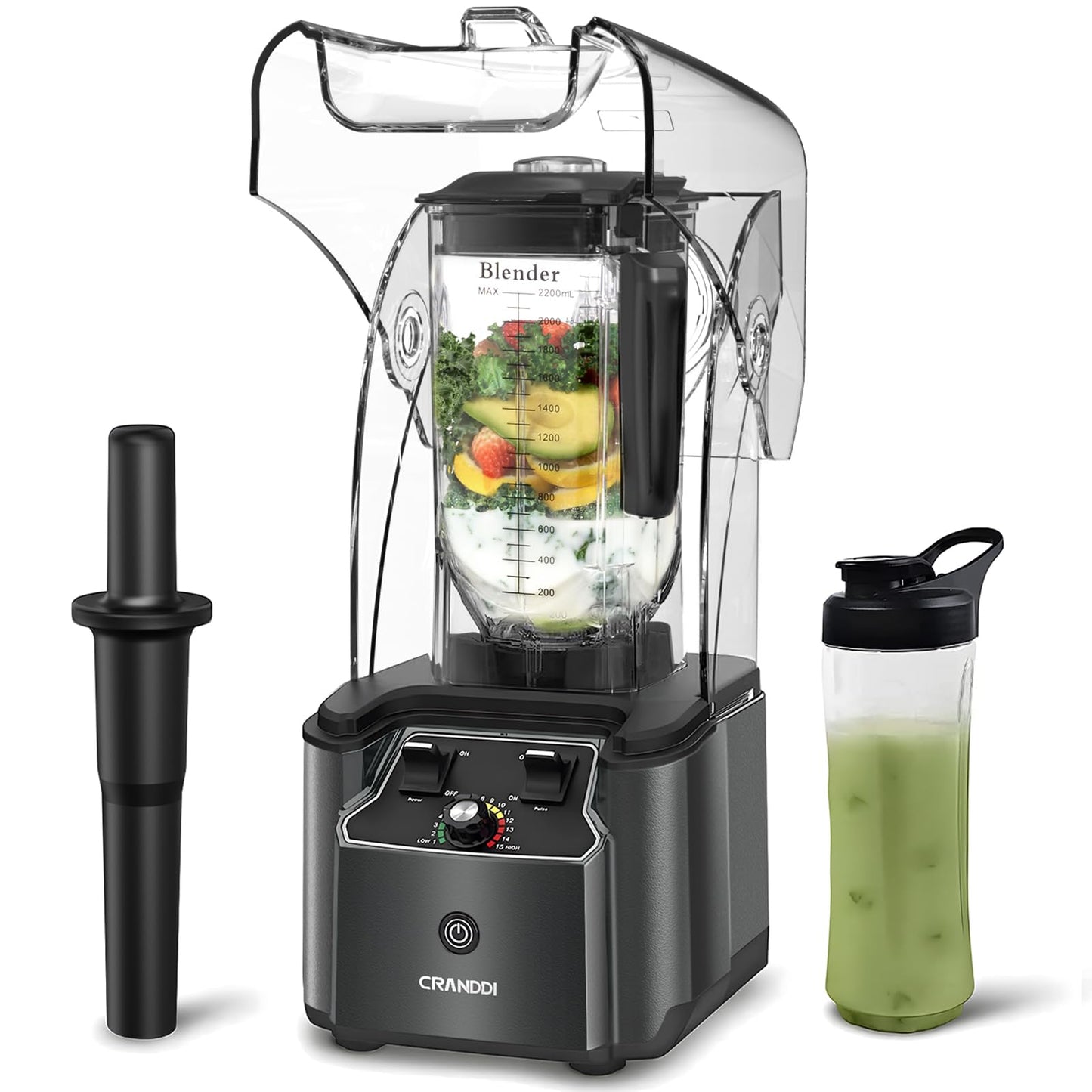 CRANDDI Commercial Quiet Blender, 2200 Watt Professional Countertop Blender with BPA-FREE 80oz Pitcher, Built-in Pulse & 15-speeds Control, Smoothie Blender for Commercial and Home, K90 Grey