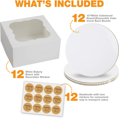 SELMY CAKE BOXES 10 inch Cake Box with Boards and Stickers [12-Pack] Cake Box with Window White Cake Boxes 10x10x5