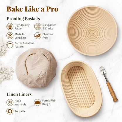 Banneton Bread Proofing Basket Sourdough Bread Baking Supplies, Sourdough Starter Kit with 9" Round & 10" Oval Banneton Baskets, Bread Lame, Sling, Spatula, Scraper, Dough Whisk