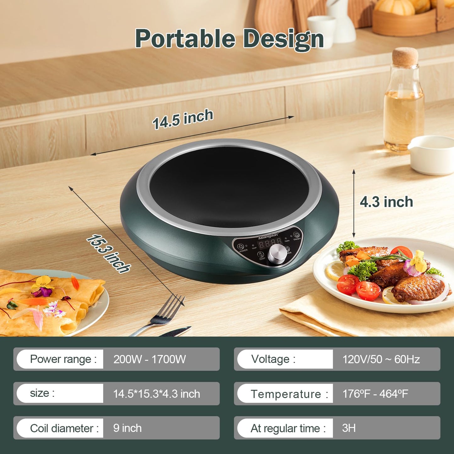 Abangdun Wok Induction Cooktop 1700W 120V Wok Burner Induction Curved Electric Stove Hot Plate Round Bottom Frying Wok Evenly