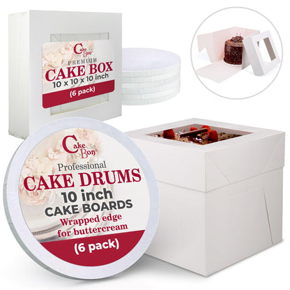 Cakebon Cake Boxes with Boards - 10 Inch Round Cake Drum White (1-pack) - Box With Window for Birthdays, Weddings and Parties