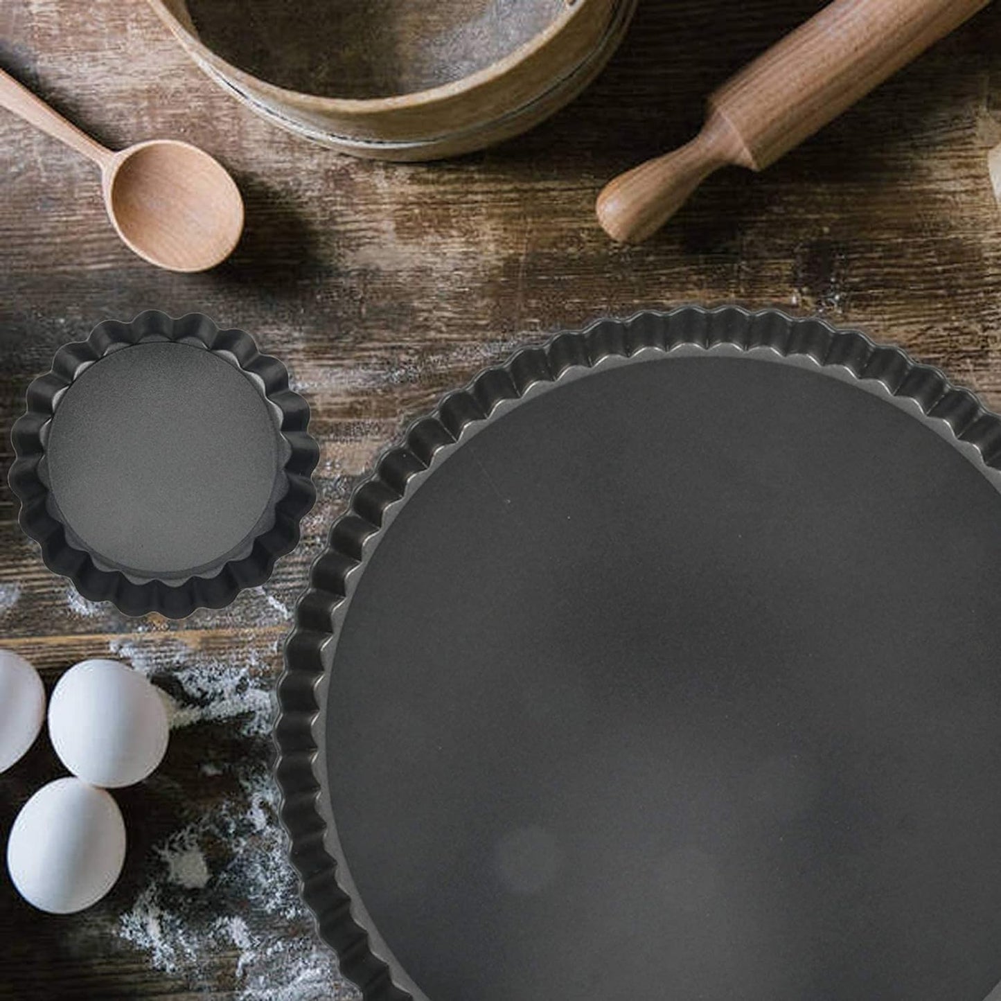 Mini Tart Pans with Removable Bottom 4 inch Set of 10, Non-stick Round Quiche Pan Heavy Duty Carbon Steel for Mousse Cakes, Christmas Dessert Baking with Silicone Scrubber