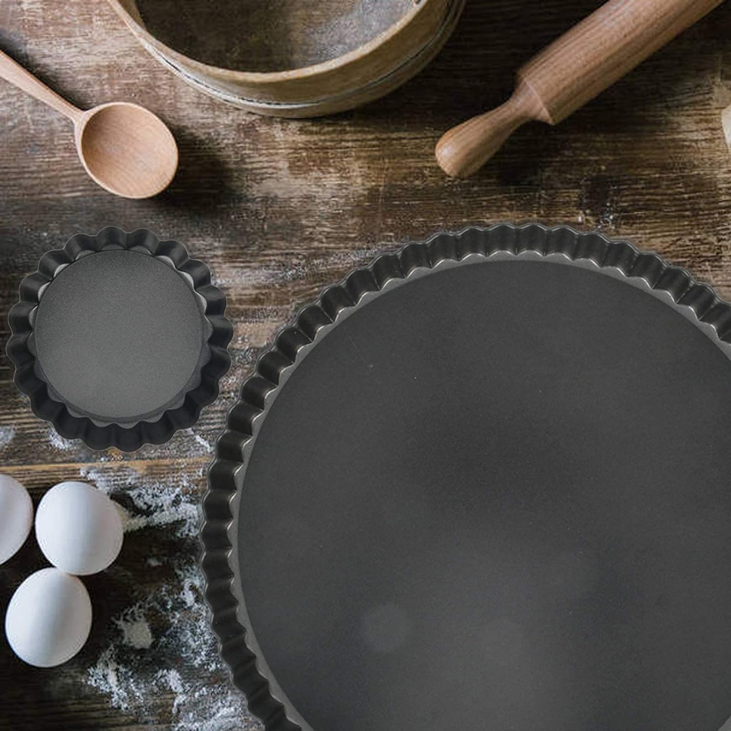 Mini Tart Pans with Removable Bottom 4 inch Set of 10, Non-stick Round Quiche Pan Heavy Duty Carbon Steel for Mousse Cakes, Christmas Dessert Baking with Silicone Scrubber