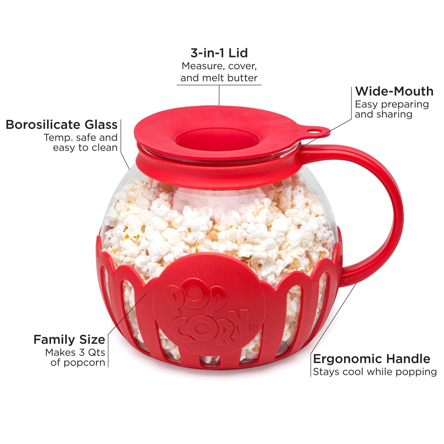 Ecolution Patented Micro-Pop Microwave Popcorn Popper with Temperature Safe Glass, 3-in-1 Lid Measures Kernels and Melts Butter, Made Without BPA, Dishwasher Safe, 3-Quart, Red