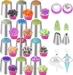 JAYVAR 27 Russian Piping Tips, Piping Bags and Tips Set, 12 Flower Frosting Tips Nozzles for Cake Decorating, Baking Supplies for Cupcake Cookie, 2 Leaf Piping Tips 2 Couplers 11 Pastry Baking Bags