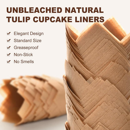 Natural Tulip Cupcake Liners for Baking 200 Cups, Unbleached Parchment paper Muffin Liners, Upgraded Standard Cupcake Wrappers, Greaseproof Cup Cake Liner, Easy to Use in Party, Birthday, Christmas