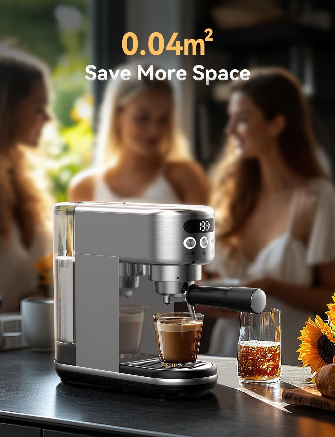 Neretva 20 Bar Espresso Machine, Super Compact Espresso Maker with LED Display & Milk Frother for Home Barista Stainless Steel Professional Coffee Machine Espresso Latte and Cappuccino Maker