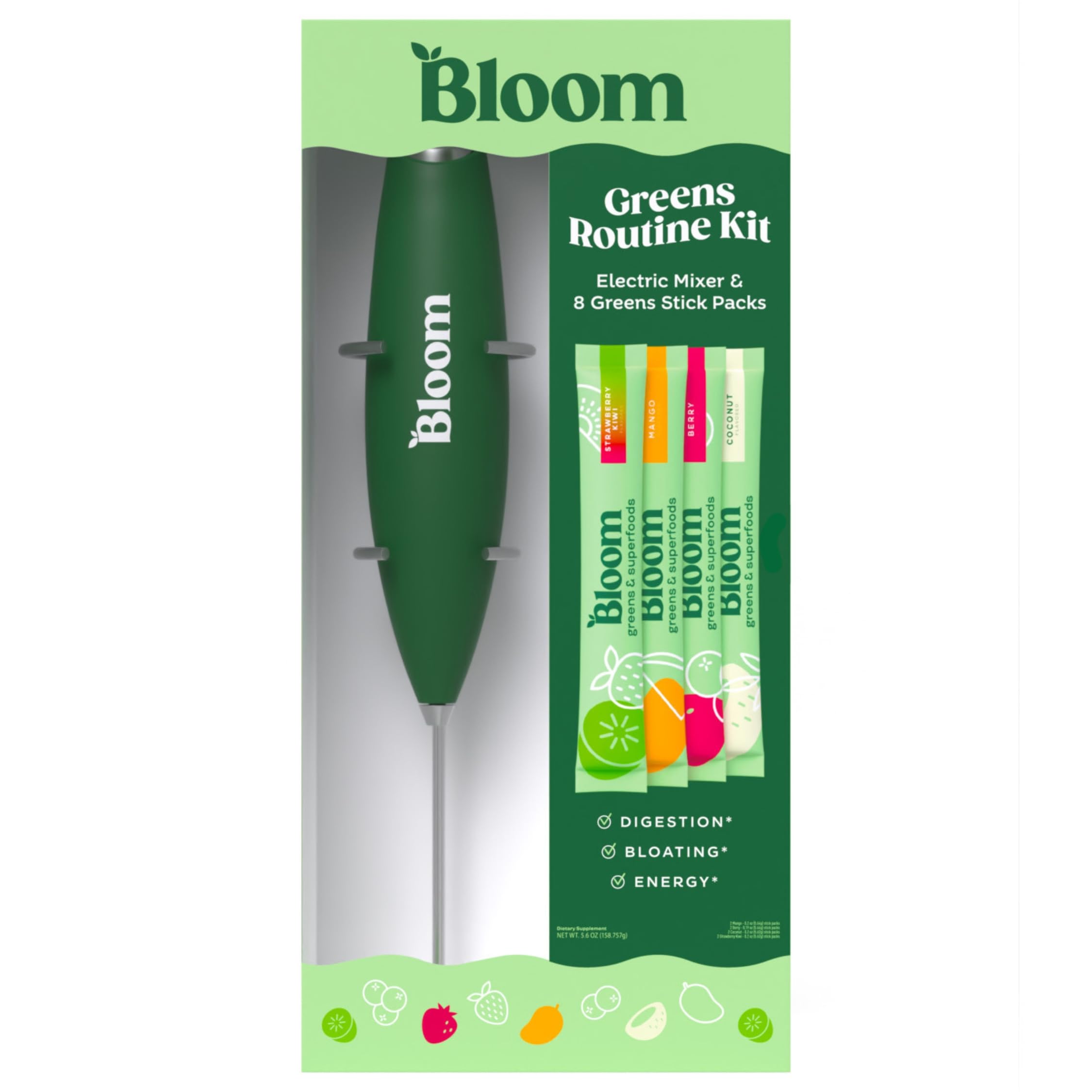 Mikser ręczny Bloom Nutrition Electric i 8 saszetek Super Greens Powder Sticks
