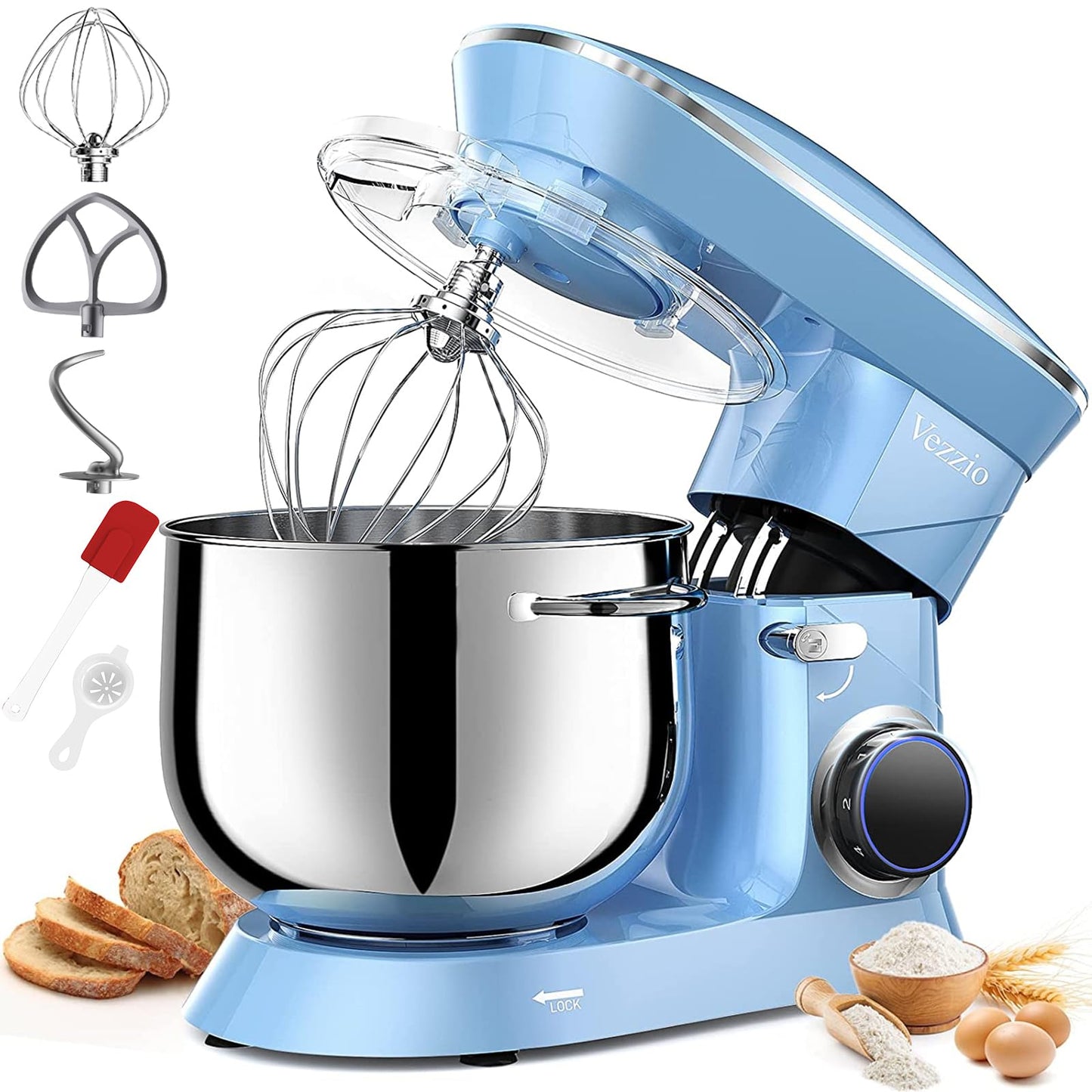 9.5 Qt Stand Mixer, 10-Speed Tilt-Head Food Mixer, Vezzio 660W Kitchen Electric Mixer with Stainless Steel Bowl, Dishwasher-Safe Attachments for Most Home Cooks(Blue)