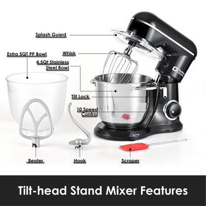 Kitchen in the box Stand Mixer, 4.5QT+5QT Two bowls Electric Food Mixer, 10 Speeds Kitchen Mixer for Daily Use with Egg Whisk,Dough Hook,Flat Beater (Black)