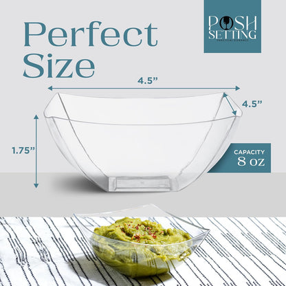 Posh Setting - Clear Plastic Serving Bowls for Party (8oz - 4 Pack) Square, Disposable, Salad & Fruit Bowls for Party Table, Candy Containers for Candy Buffet