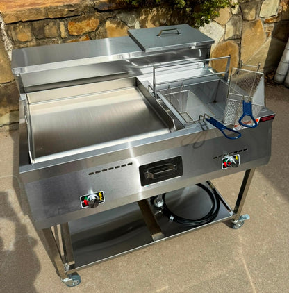 Gas Shark Deep Fryer and Griddle Cart | 20" Griddle | 30 lb 3.5 Gallon Single Tank Deep Fryer | 2 Fryer Baskets | Serving Shelf | Outdoor Propane | Stainless Steel | Portable for Commercial & Home Use