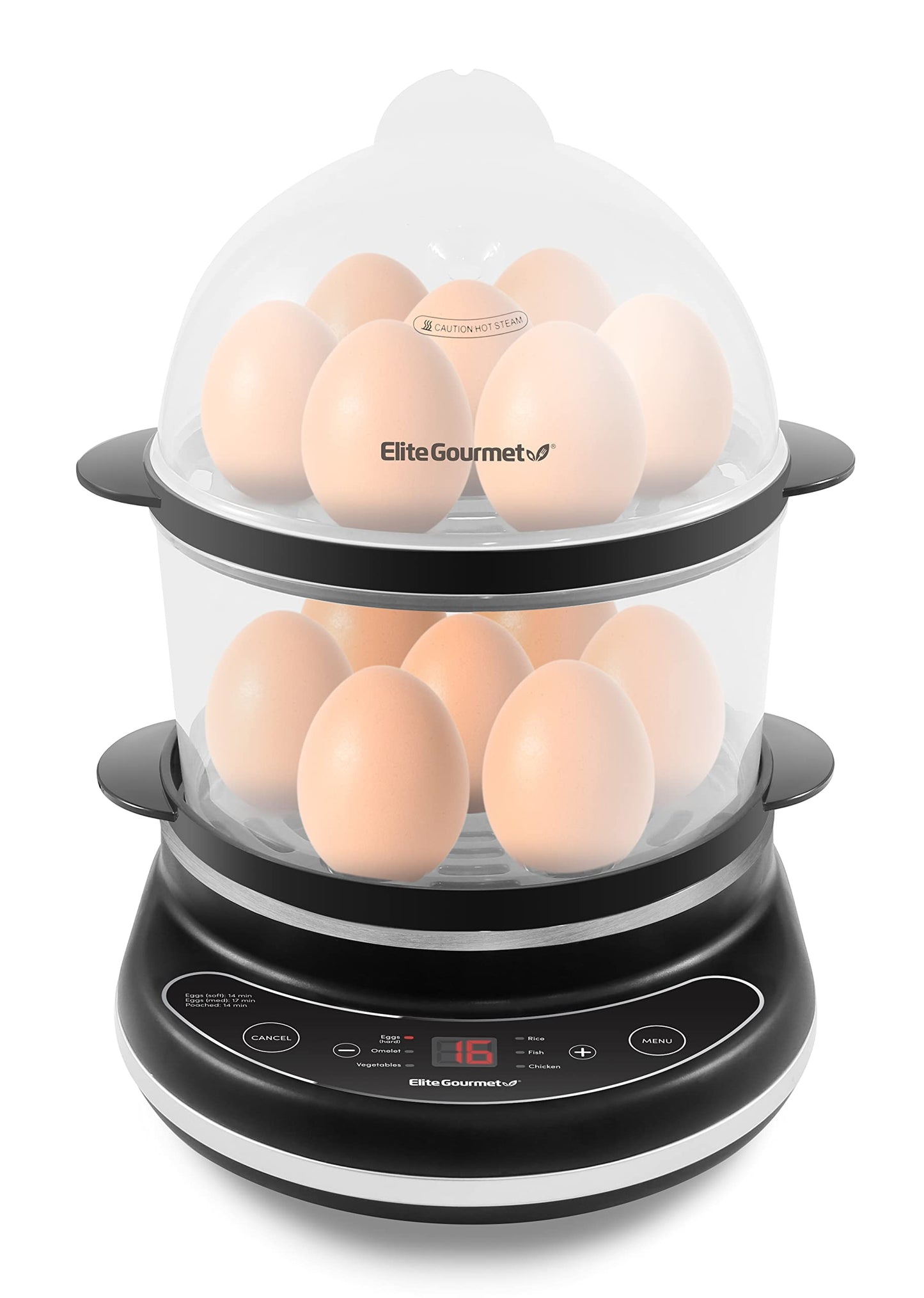 Elite Gourmet EGC314CB Digital Easy Egg Cooker Food Steamer, Poacher, Omelet, Soft, Medium, Hard-Boiled Egg with 6 Programmed Preset Functions, 2-Tiers, Measuring Cup, BPA Free, 14 egg capacity, Black