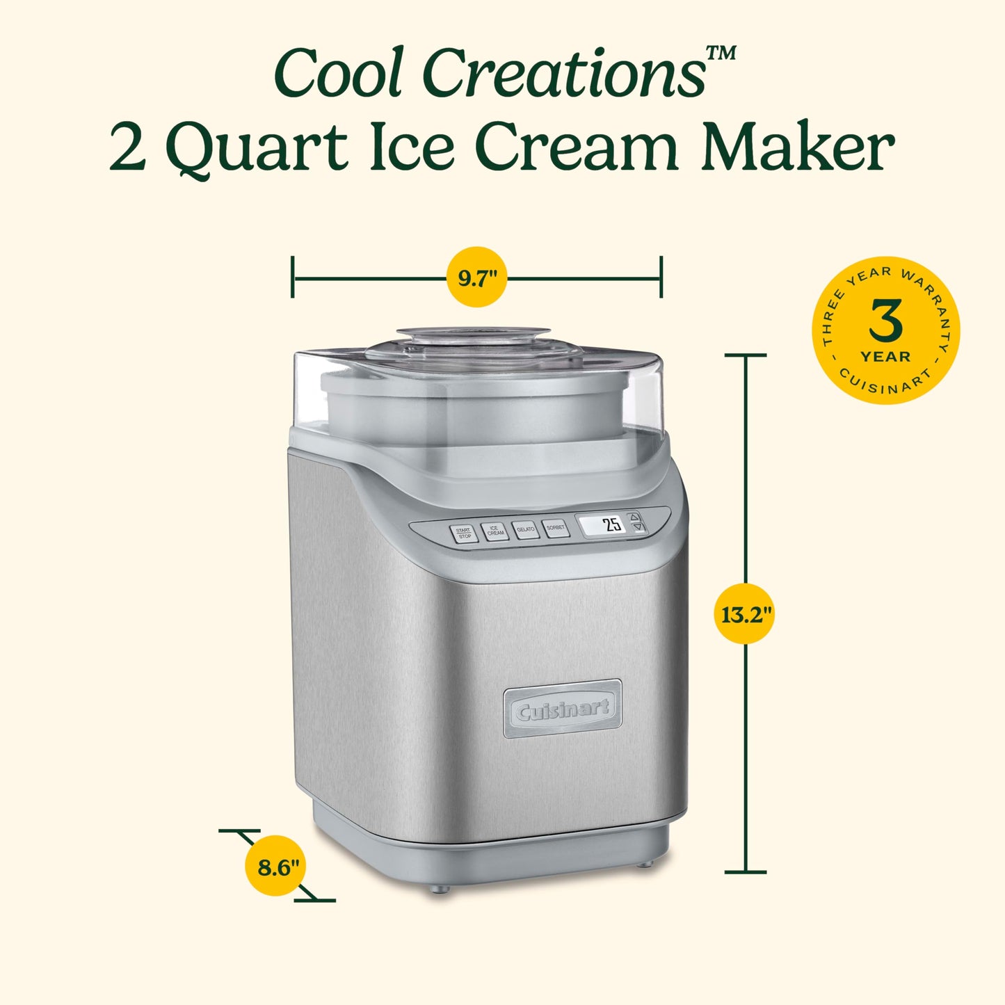 Cuisinart Ice Cream Maker Machine, 2 Quart, Cool Creations Frozen Yogurt, Gelato, Sorbet Maker, LCD Screen and Timer, Stainless Steel, ICE-70P1