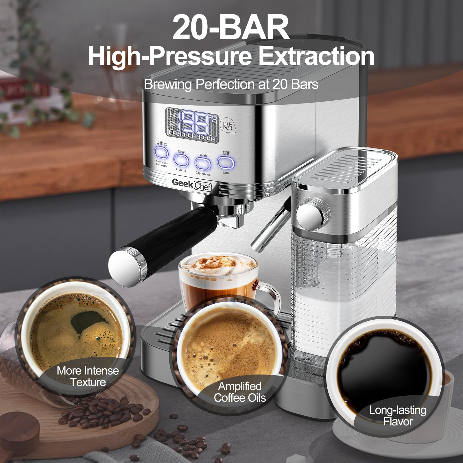 Geek Chef Espresso and Cappuccino Machine with Automatic Milk Frother,20Bar Espresso Maker for Home, for Cappuccino or Latte,with ESE POD filter, Stainless Steel, Gift for Coffee Lover