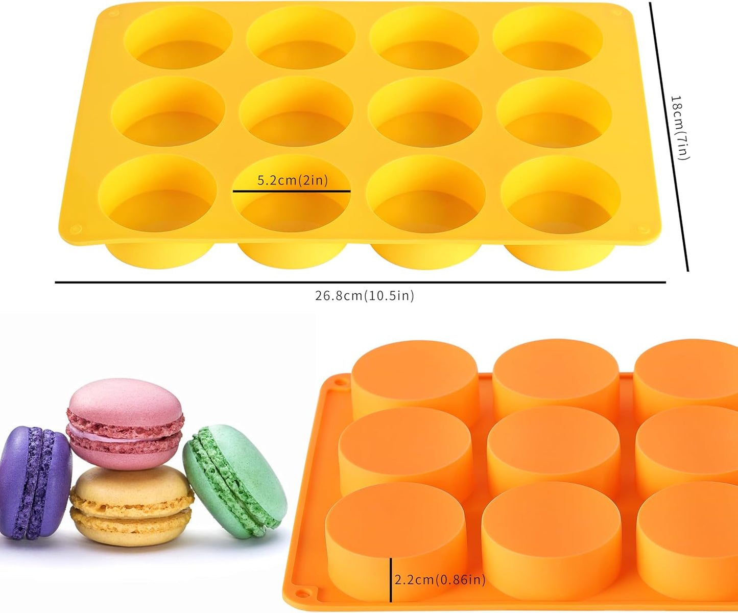 2 Pcs Oreo Chocolate Cookie Silicone Molds, 12-Cavity Round Silicone Mold, Baking Mold for Oreo, Chocolate, Cookie, Candy, Mini Cake, Jelly (Orange + Yellow)